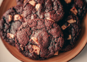 Freshly baked chunky chocolate cookies. Homemade biscuit with chocolate close-up