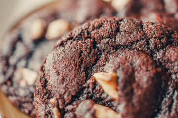 Freshly baked chunky chocolate cookies. Homemade biscuit with chocolate close-up