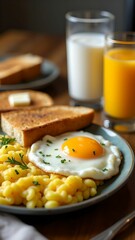Delicious breakfast featuring creamy scrambled eggs topped with fried eggs on a rustic wooden table with refreshing beverages