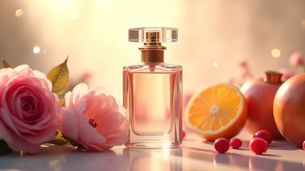 Elegant perfume bottle surrounded by vibrant flowers and fresh citrus fruits in soft natural light