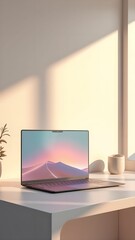 Modern laptop on a desk surrounded by greenery in a well-lit workspace during the day