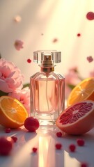 Elegant perfume bottle surrounded by vibrant flowers and fresh citrus fruits in soft natural light