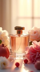 Elegant perfume bottle surrounded by vibrant flowers and fresh citrus fruits in soft natural light