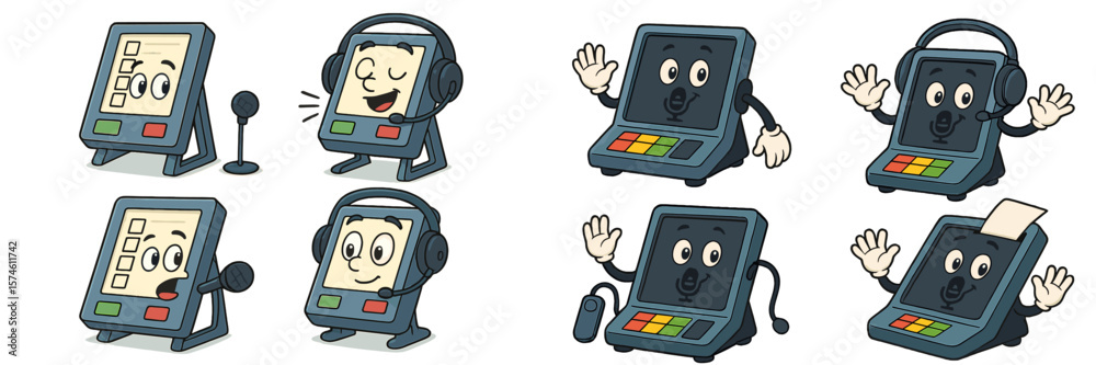 Poster interactive cartoon characters depict various functions of a customer service kiosk in a vibrant set