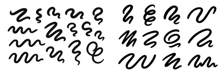 Stylized black scribbles showcasing various fluid line designs on a white background for creative inspiration