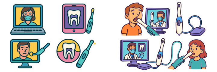 Virtual dental consultation shows patient receiving care through technology from dental professionals using screens and tools