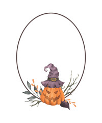 Halloween oval frame with pumpkin, hat, leaves and branches composition. Hand drawn holiday greeting card. Watercolor frame with space for text, postcard.