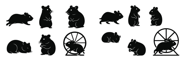Various black silhouettes of hamsters engaged in different activities in a simple and playful design