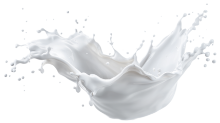 Natural image of milk splash, organic dairy, nutritious ingredients, smooth texture, ideal for coffee and baking projects, on transparent background.