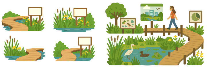 Nature trail with a wooden walkway and informative signs, highlighting local wildlife and plants in a peaceful environment