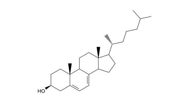 7-dehydrocholesterol molecule, structural chemical formula, ball-and-stick model, isolated image vitamin d precursor