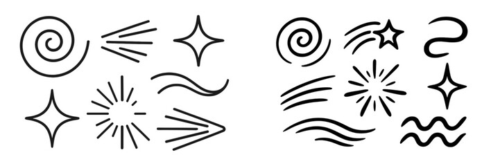 Decorative line art features swirling shapes and starburst designs for creative projects and inspirations