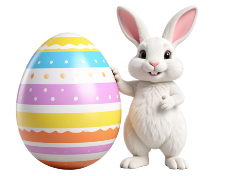 3D Render of Cute Easter Bunny Holding a Painted Egg, isolated on transparent background PNG