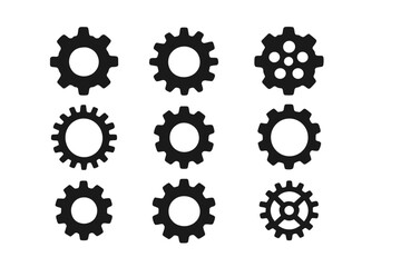Various black gear and cog designs arranged in a grid pattern for industrial and mechanical themes