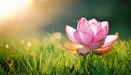 beautiful pink lotus flower in green grass surroundings