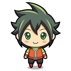 Cute anime boy character with green eyes and dark hair, wearing an orange and green sports outfit