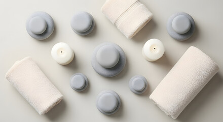 Flat lay of spa essentials: candles, towels, massage stones on neutral background &ndash; clean and minimal