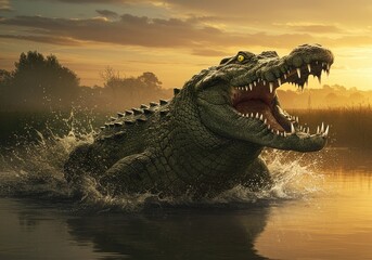 A hyper-detailed crocodile in the sunset river, mouth open, splashing dramatically, with a tense mood and golden lighting.
