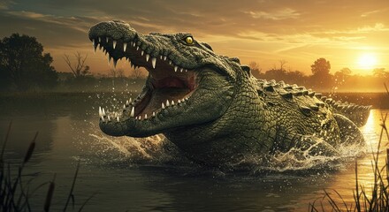 A hyper-detailed crocodile in the sunset river, mouth open, splashing dramatically, with a tense mood and golden lighting.
