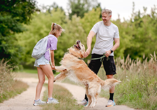 Dad With Daughter And Golden Retriever Dog On A Summer Walk - Powered by Adobe