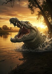 A hyper-detailed crocodile in the sunset river, mouth open, splashing dramatically, with a tense mood and golden lighting.
