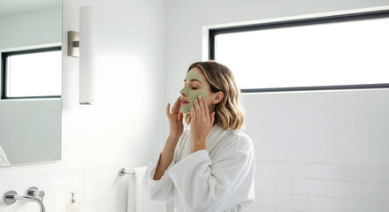 Young woman applying a facial mask in a modern bathroom, white background – wellness routine