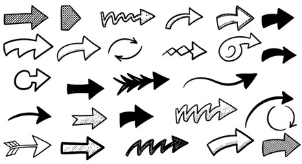 Collection of HandDrawn Black and White Arrows in Various Styles and Directions.