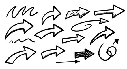 Collection of HandDrawn Black Arrows and Directional Indicators on White Background.