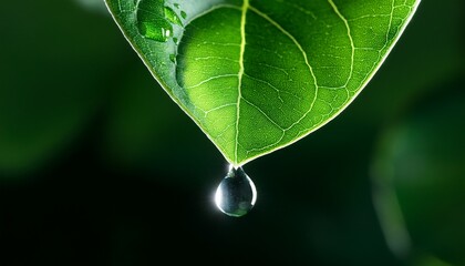macro slow motion droplet falling from a fresh green leaf