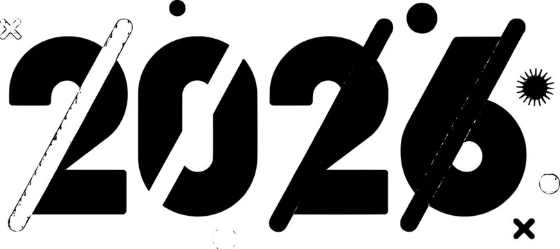 Bold black numbers twenty six with abstract shapes and lines white - Powered by Adobe