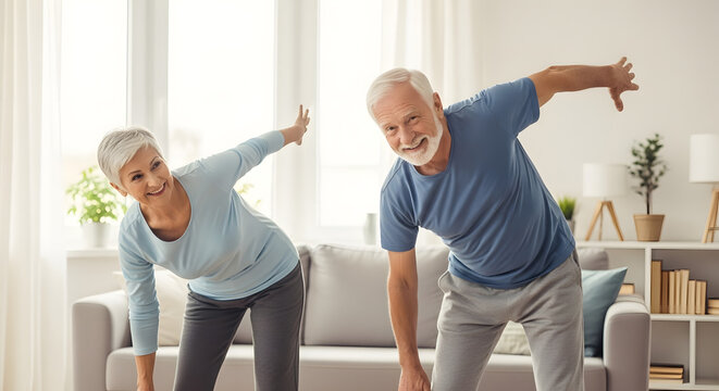 Elderly couple doing light morning stretches in the living room – natural light and happy expressions