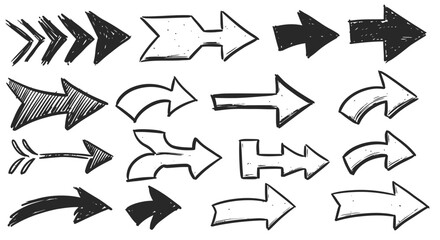 HandDrawn Arrow Collection Diverse Styles Directions and Textures in Black and White.