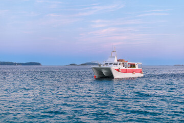 White and red catamaran floating on calm sea under pastel sky at dusk. Open water and wide copy space.
