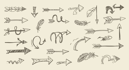 HandDrawn Arrow Collection Vintage Style Directional Elements and Feather Accents.