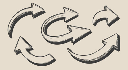 HandDrawn Arrow Set Curved Circular and Pointing Right with Shadow Detail.