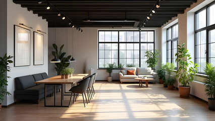 Bright and spacious modern interior with large windows and minimalist furniture