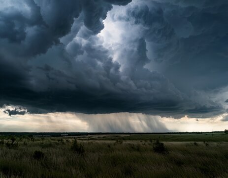 dark sky with heavy clouds converging and a violent storm before the rain
