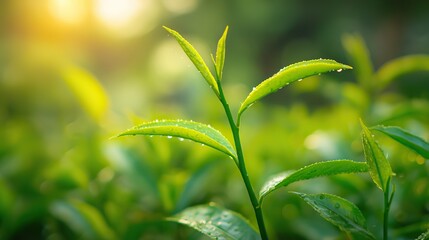 Obraz premium Close-up shots of green tea leaves with a blurred meadow background capture the delicate texture and vibrant colors of fresh leaves, set against lush greenery, evoking serenity and natural beauty.