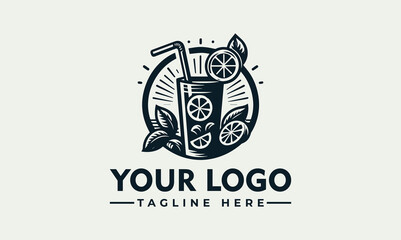 Vintage logo design featuring a refreshing citrus beverage, garnished with fruit and mint, encircled by sunburst rays.