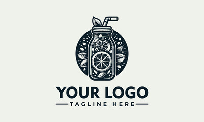 A stylized logo featuring a juice bottle with citrus slices, leaves, and a straw.