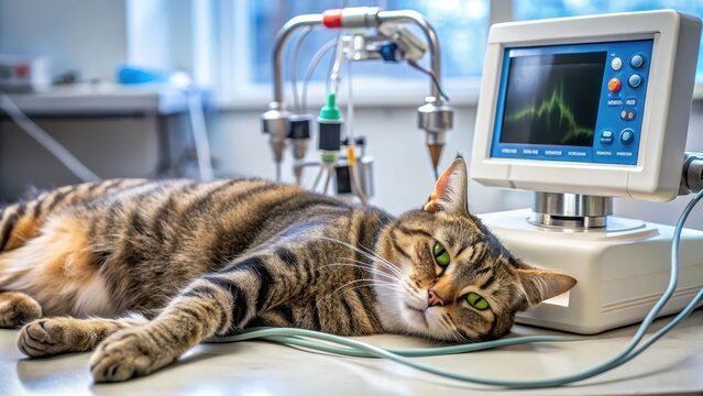 intubated cat in anesthetized state on vital signs monitor