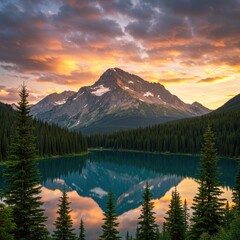 Colorful wildflowers bloom at sunrise near Mount Rainier, with lake, peaks, and forested mountains in view.
