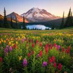 Colorful wildflowers bloom at sunrise near Mount Rainier, with lake, peaks, and forested mountains in view.

