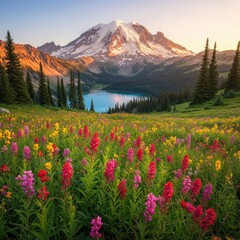 Colorful wildflowers bloom at sunrise near Mount Rainier, with lake, peaks, and forested mountains in view.
