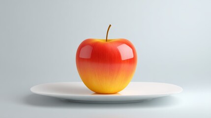 Innovative Food Technology Shaping the Future of Culinary Solutions, A shiny, red and yellow apple sits on a white plate against a light background.
