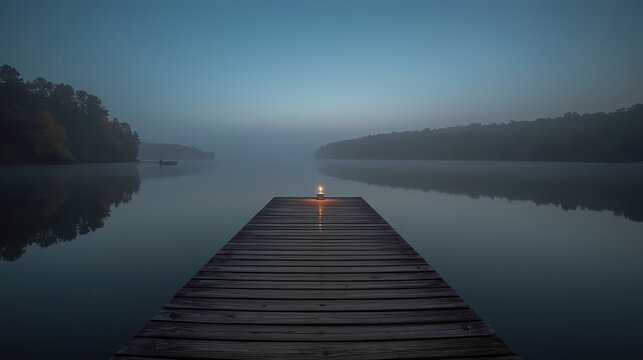 Night, a candle burns on the pier, thick fog over the river.