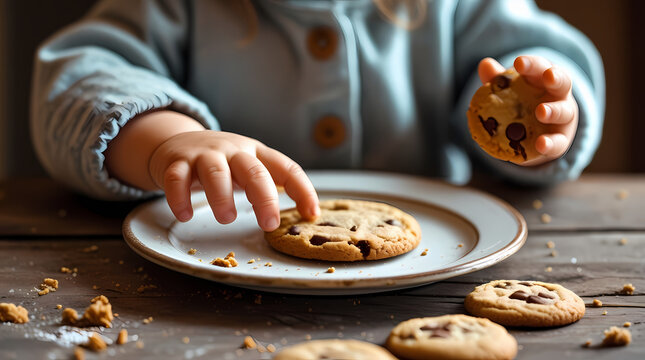 A child's hand reaches for a delicious cookie on a plate.