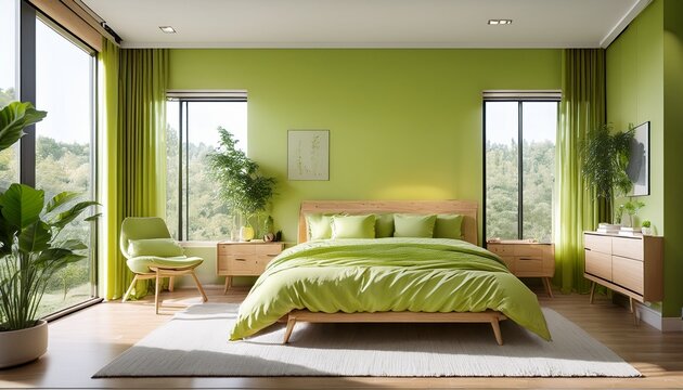 light lime color bedroom with wooden furniture a cozy bedroom featuring lime green bedding wooden furniture large windows indoor plants and modern minimalist interior design