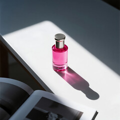 Minimal Neon Pink Perfume Bottle on White Table with Clean Aesthetic