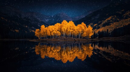 Golden aspen grove reflects in mountain lake under starry night; nature wallpaper